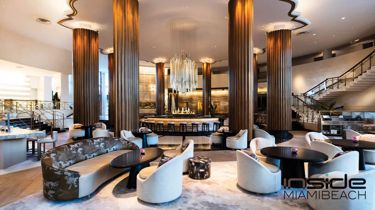 Elegant and modern design of the Eden Roc Miami's lobby, showcasing sophisticated décor and a welcoming ambiance